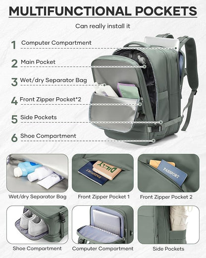 Vacuum Backpack With Vacuum Compression,Expanded Travel Laptop Backpacks For Women Men,Carry On Backpack Vacpack Backpacks With Pump Seal Packing, Personal Item Travel Bag Olive Green