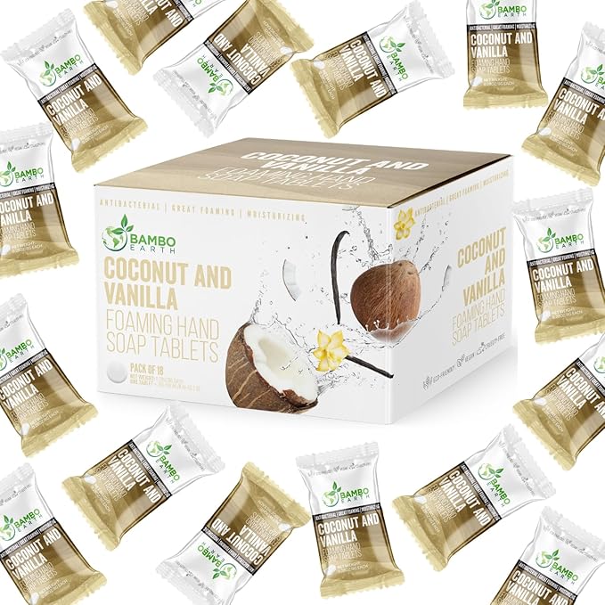 18 Pack Natural Foaming Hand Soap Tablets - Soft Moisturizing Handwash Tab Refills - 1 Tablet = 9 Oz Refillable Liquid Wash Foam Handsoap - Eco-Friendly Paper Softsoap Refill Tabs (Coconut & Vanilla)
