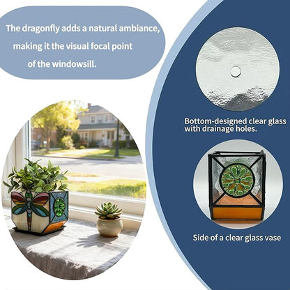 Handcrafted Stained Glass Dragonfly Planter, Decorative Indoor Flower Pot