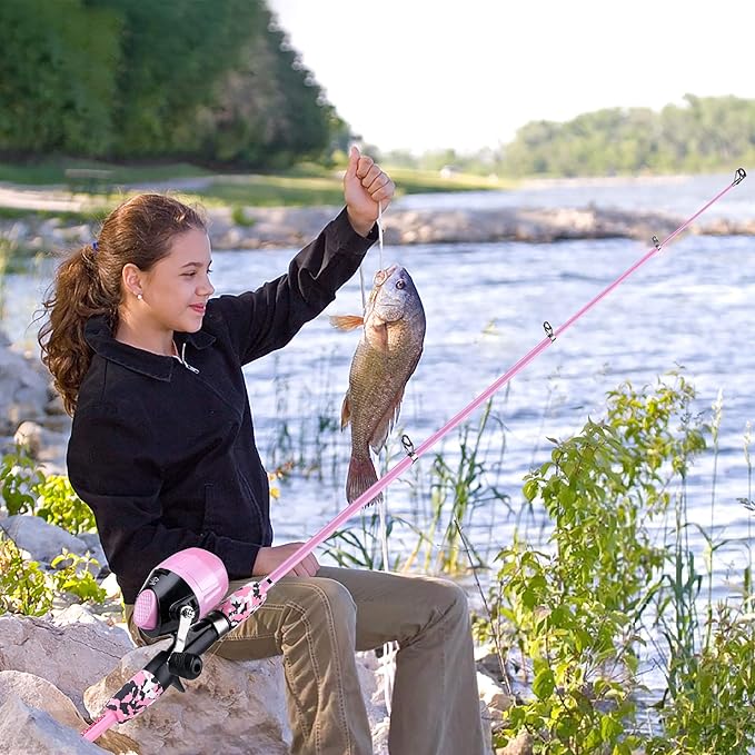 ODDSPRO Kids Fishing Pole Pink, Portable Telescopic Fishing Rod and Reel Combo Kit - with Spincast Fishing Reel Tackle Box for Girls, Youth