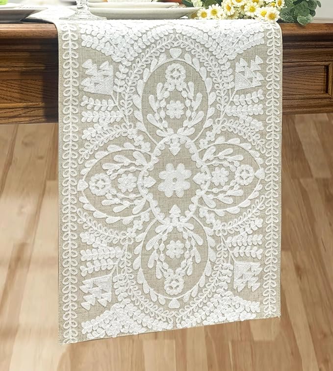 KEVA Boho Table Runner 36inches Long, Farmhouse Rustic Vintage White Embroidered Table Runners 13x36 Inch for Dining Table Decorations