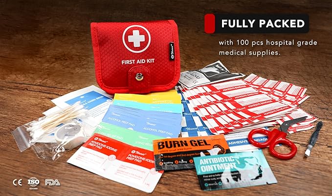 Small First Aid Kit, 100 Pieces Water-Resistant Well Organzied Pouch with Rotatable Buckle - Ideal for Outdoor, Travel, Biking, Camping, Hiking, Car (Red)