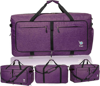 Bago Big XXL Foldable Duffel Bags for Traveling Women & Men - 140L Packable Duffle Bag for Travel with Shoe Compartment - Water Repellant, Heavy Duty, Lightweight Folding & Collapsible (SnowDepPurple)