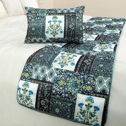 The HomeCentric King/Queen/Twin Blue Designer Full 68"x18" Bed Runner with 2 Pillow Cover, Perrsian Pattern & Quilted Bed Scarf on Satin Fabric - Bahar