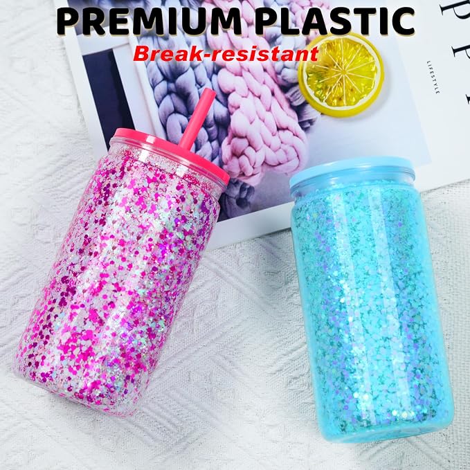 16 Oz Plastic Snowglobe Tumbler, 8 Pack Pre-Drilled Double Wall Plastic Clear