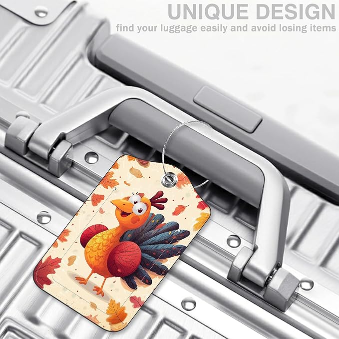2 Pcs Thanksgiving Turkey Luggage Tags for Suitcases Autumn Fallen Leaves PU Leather Baggage Tags Name ID Label with Privacy Cover and Stainless Steel Loop for Men Women Travel Bag Suitcase