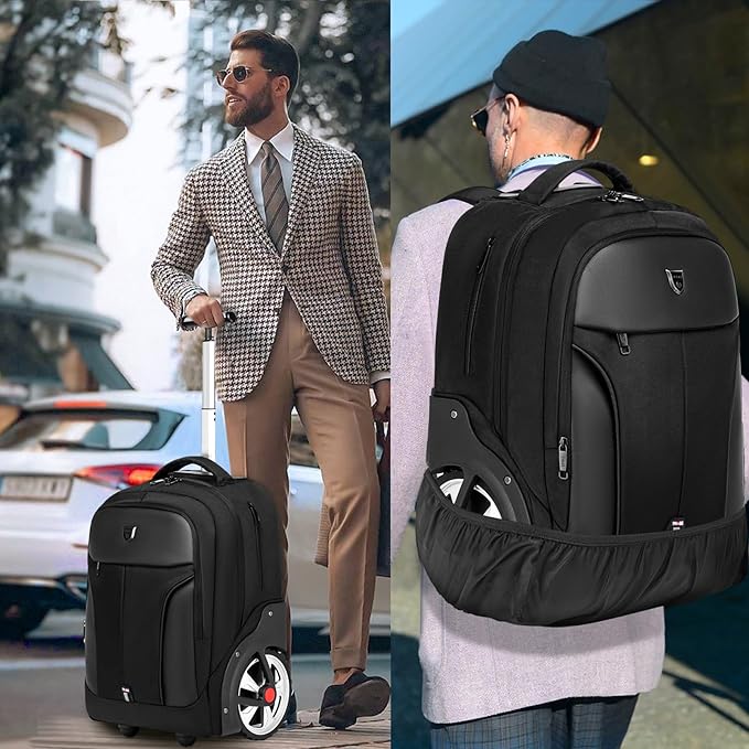 Rolling Backpack,Waterproof Backpack with Wheels for Business and Travel Commuter, Carry on Backpack with Laptop Compartment, Fit 15.6 Inch Laptop, Wheeled Backpack for Adults, 18Inch