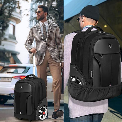 Rolling Backpack,Waterproof Backpack with Wheels for Business and Travel Commuter, Carry on Backpack with Laptop Compartment, Fit 15.6 Inch Laptop, Wheeled Backpack for Adults, 18Inch