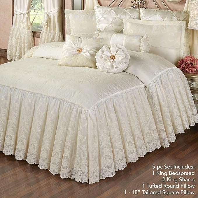Cameo Lace Luxury Washable Polyester Bedding Set | Vintage Elegant | Pearl | Scroll Leaf Floral Cameo Quilting Embroidered | Set of Five: King Bedspread, Two King Shams, Square and Round Pillows