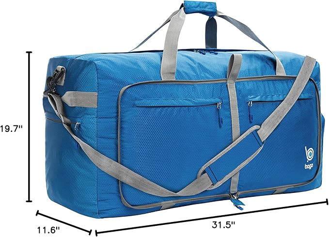Bago Large Foldable Duffel Bags for Traveling Women & Men - 120L Packable Duffle Bag for Travel with Shoe Compartment - Water Repellant, Heavy Duty, Lightweight Folding & Collapsible (Blue)