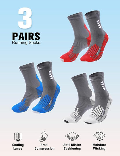 Compression Crew Running Socks: Athletic Socks for Men Women with Cushion,3 Pairs Work Hiking Basketball Sport Socks