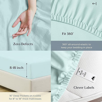 Mayfair Linen 100% Cotton Bed Sheets Queen Set - 500 Thread Count Cotton Sheets for Queen Size Bed, 4 PC Set (Sea Foam), Ultra Soft, Cooling, Sateen Weave 16" Deep Pocket Bedsheet for Hot Sleepers