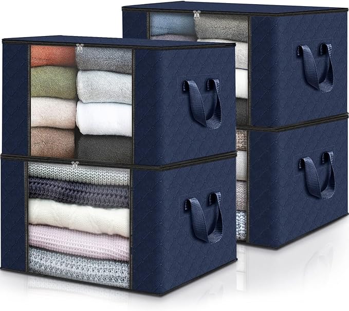 Fab totes 4 Pack Clothes Storage, Foldable Thick Fabric Blanket Storage Bags, Containers for Organizing Bedroom, Closet, Clothing, Comforter,Closet Organization with Handle,Blue