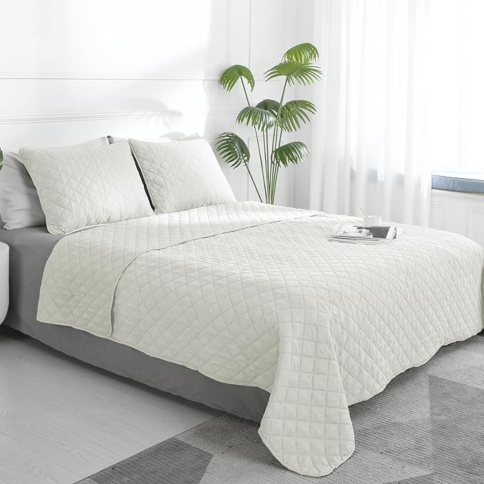 Easy-Going Full/Queen Size Reversible Quilt Set with 1 Quilt and 2 Pillow Shams, Soft Bed Quilt Cover, Water Resistant Lightweight Microfiber Bedspread, Stain Resistant, Ivory/Ivory