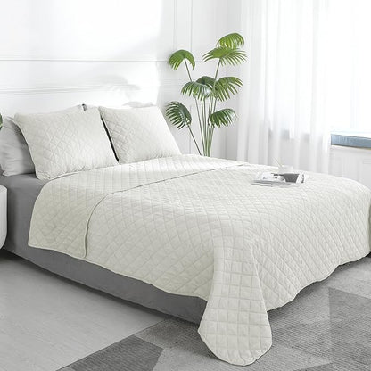 Easy-Going Full/Queen Size Reversible Quilt Set with 1 Quilt and 2 Pillow Shams, Soft Bed Quilt Cover, Water Resistant Lightweight Microfiber Bedspread, Stain Resistant, Ivory/Ivory