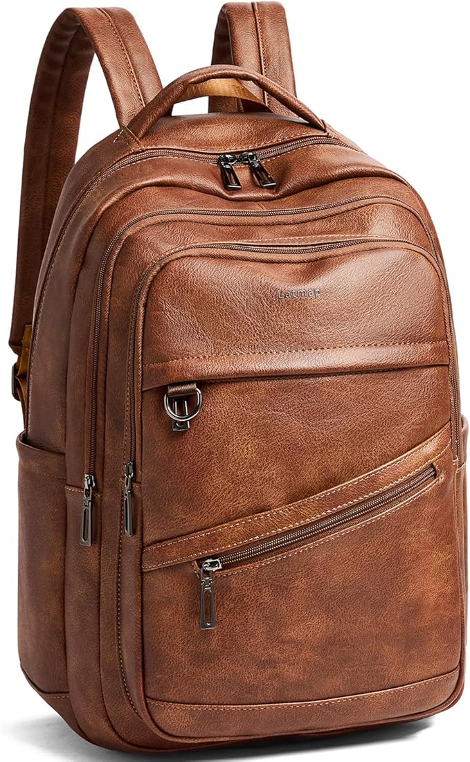 43L Backpack for Women Men - Vegan Leather Backpack Purse Travel Carry-on Bag College Bookbag Work fits 17" Laptop, Brown
