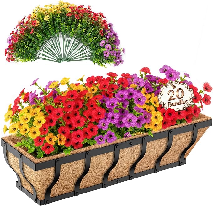 Railing Planter Boxes with Artificial Flowers, Adjustable Balcony Planters