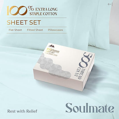 Mayfair Linen 100% Cotton Bed Sheets Queen Set - 500 Thread Count Cotton Sheets for Queen Size Bed, 4 PC Set (Sea Foam), Ultra Soft, Cooling, Sateen Weave 16" Deep Pocket Bedsheet for Hot Sleepers