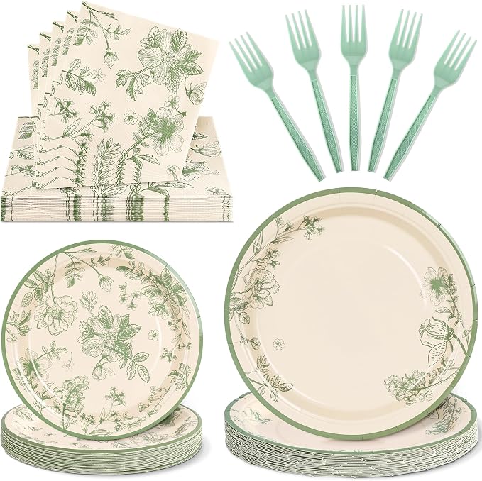 100 Pcs Disposable Sage Green Floral Tableware Set
