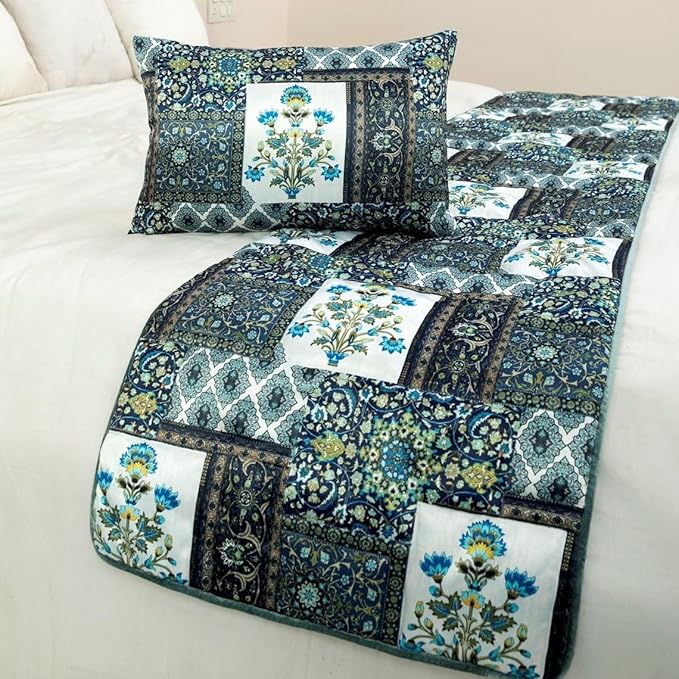 The HomeCentric King/Queen/Twin Blue Designer CA King 86"x18" Bed Runner Without Pillow Cover, Perrsian Pattern & Quilted Bed Scarf on Satin Fabric - Bahar