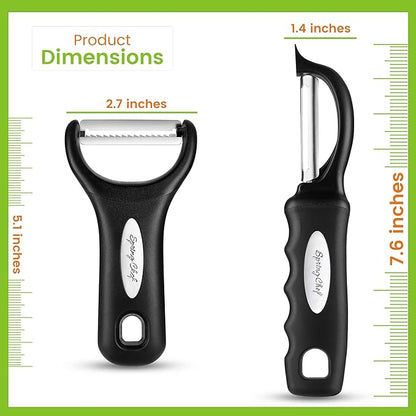 Spring Chef Swivel & Vegetable Julienne Peeler Set for Kitchen with Stainless Steel Sharp Blades - Potato Peelers with Soft Grip Handles & Blade Covers - Perfect for Carrot, Zucchini, Cucumber - Black