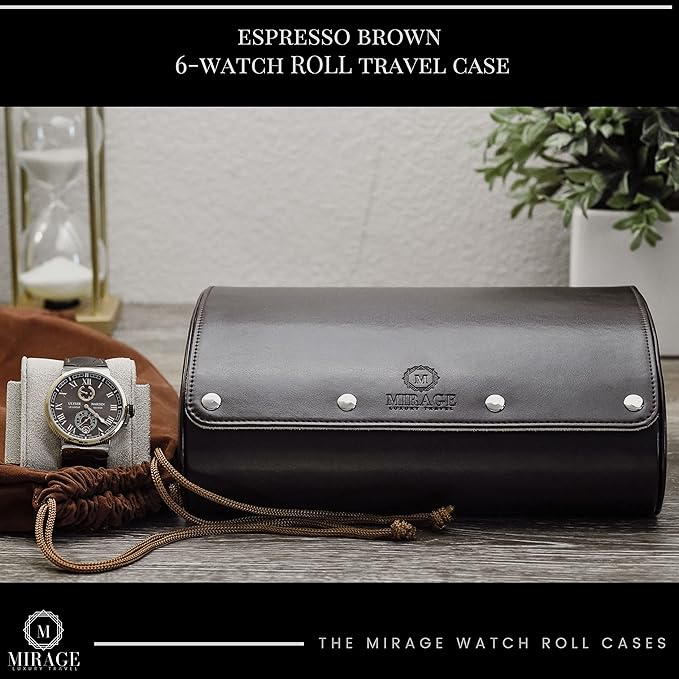 6 Watch Case Bbox for Travel Watch Roll for Men Watch display organizer - Espresso Brown & Ivory White Interior