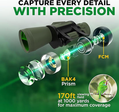 Binoculars with Phone Bracket Adapter, Militar, 20x50, Adults, High Power Waterproof with Low Light Night Vision for Hunting, Travel, Games, Bird, Carrying Case Strap.