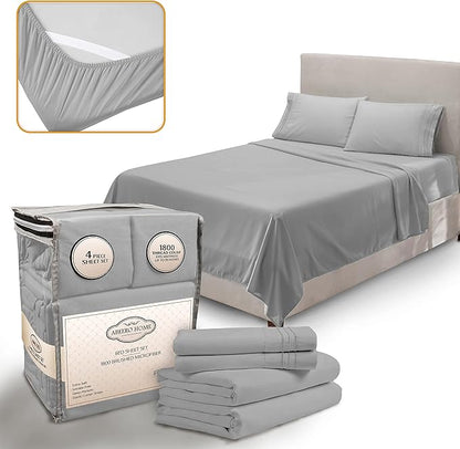 Queen Sheet Set - Luxury Hotel Bed Sheets - Soft Cooling Sheets with Elastic Corner Straps - Deep Pocket Microfiber Bedsheet - Bedding Sheet & Pillowcases -4 PC (Queen Size, Light Gray)