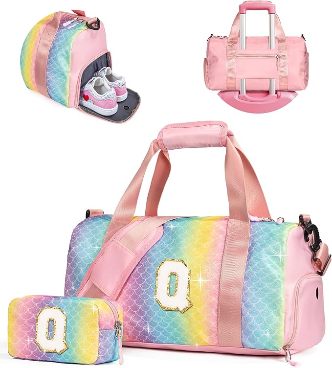 6 7 8 9 10 Year Old Girls Birthday Gift-Girl Gym Bag with Shoe Compartment, Kid Personalized Weekender Overnight Bags, Initial Travel Tote with Makeup Pouch, Easter Gifts for Teen (Letter Q)