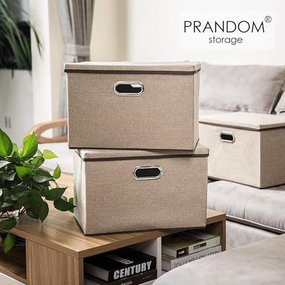 PRANDOM Large Collapsible Storage Bins with Lids [1-Pack] Jute Fabric Foldable Storage Boxes Organizer Containers Baskets Cube with Cover for Home Bedroom Closet Office Nursery (17.7x11.8x11.8)