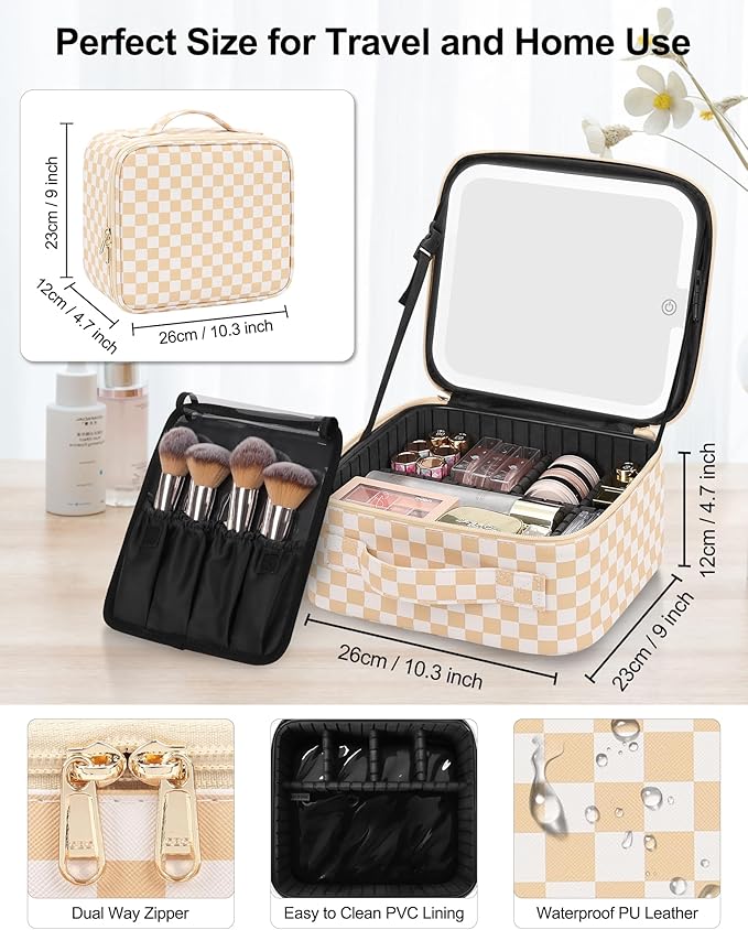 Chomeiu Makeup Bag with LED Mirror, Travel Makeup Case for Women and Makeup Artists Cosmetic Organizer Large Make Up Bags with Light Up Mirror, 3 Color Lights, Adjustable Dividers, Light Checkerboard