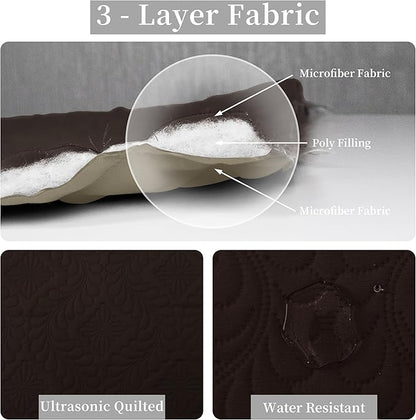 Easy-Going Full/Queen Size Reversible Quilt Set with 1 Quilt and 2 Pillow Shams, Soft Bed Quilt Cover, Water Resistant Lightweight Bedspread, Stain Resistant, Olive Leaf-Chocolate/Beige