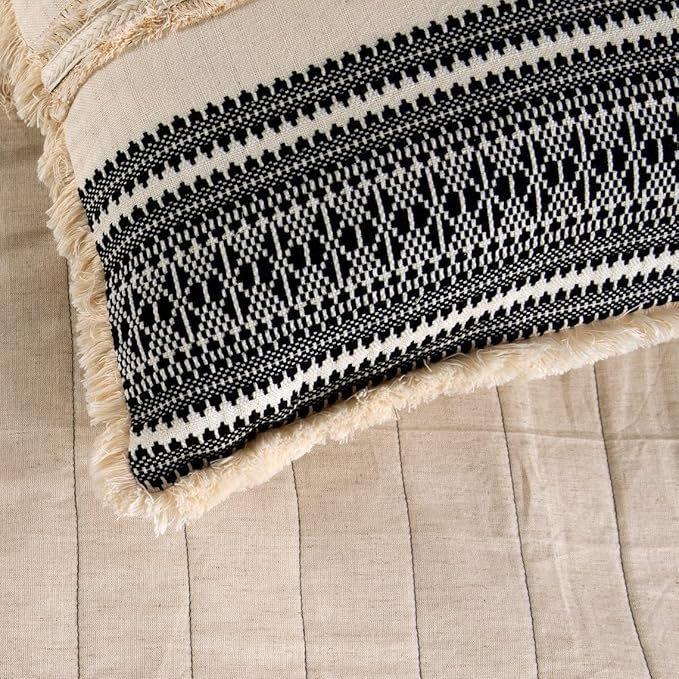 The HomeCentric Beige Bed Runner, King Size 90"x18" Decorative Bed Runner with 2 Matching Pillow Cover, Beige & Black Linen Bed Scarf in Quilted, Natural Linen with Lace - Moroccan Vibe