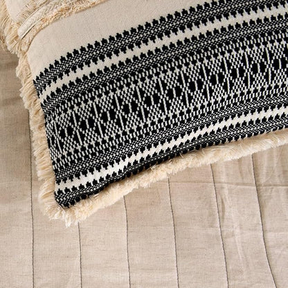 The HomeCentric Beige Bed Runner, King Size 90"x18" Decorative Bed Runner with 2 Matching Pillow Cover, Beige & Black Linen Bed Scarf in Quilted, Natural Linen with Lace - Moroccan Vibe