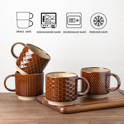 GBhome 6 OZ Stackable Coffee Mugs Set of 4, Ceramic Coffee Cups Set | 4