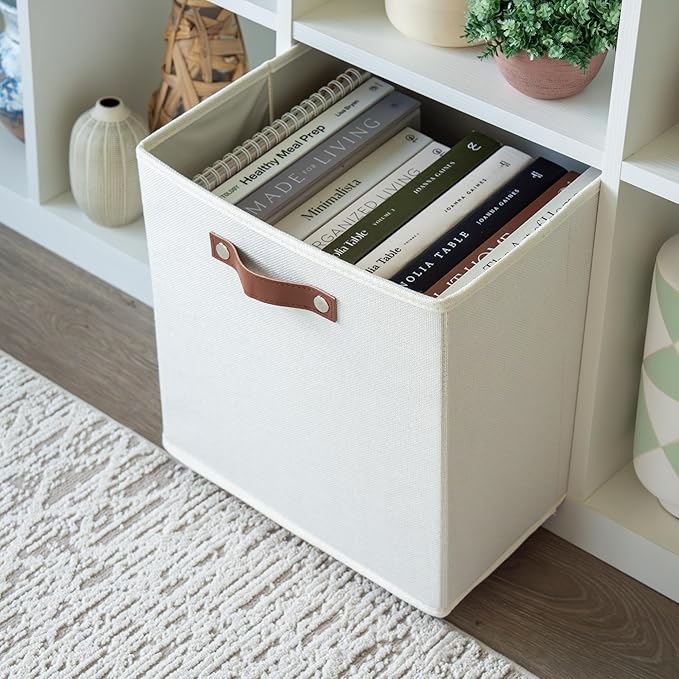 OrganiHaus 13x13 Cube Fabric Storage Bins Set of 4, Fabric Storage Cubes w/ Vegan Handles, 13 inch Collapsible Bins for Clothes & Toy Organizer, Cubbies Organizer, 13x13 Basket for Decor - White