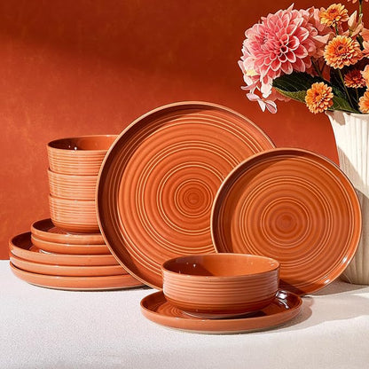 Dinnerware Set for 4, Ceramic Plates and Bowls, Terracotta | 12-Piece Ceramic