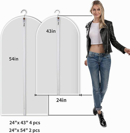 Garment Bags for Hanging Clothes, Clear Plastic Closet Storage Covers with Cedar Balls, 24" x 43"/54”, 6 Pack