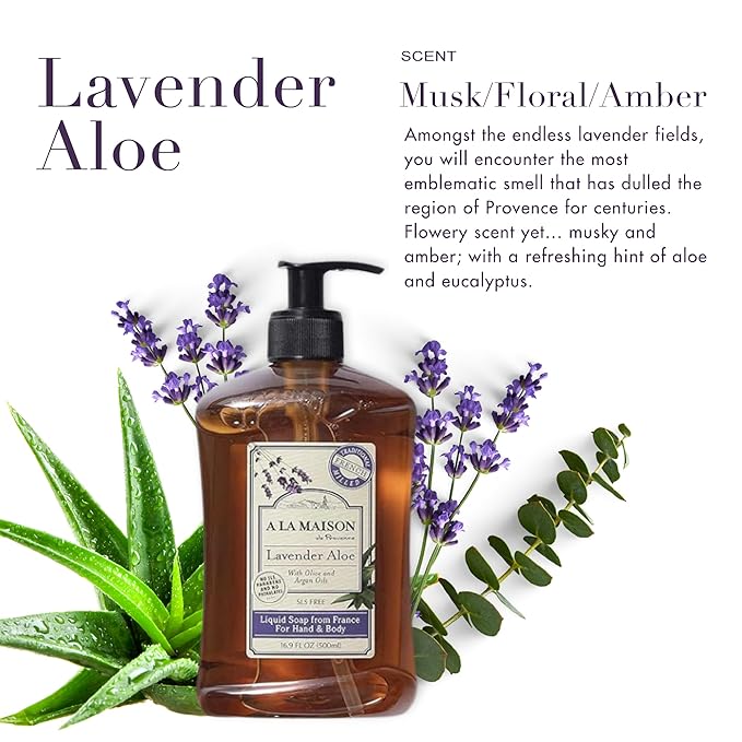 A LA MAISON de Provence Lavender Aloe Liquid Hand and Body Soap (Pack of 2) With Argan Oil, Olive Oil and Vitamin E, 16.9 fl oz Each