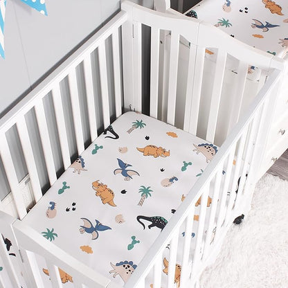 Belsden Pack of 3 Mini Crib Sheet Set, Pack N Play Sheet Set for Baby Boys and Girls, Cloudy Soft Touch and Machine Washable, Fitted Playard/Portable Crib Sheet, Dino & Navy & Gray