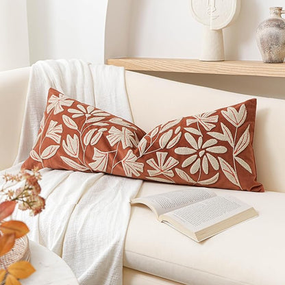 BlissBlush Fall Throw Pillow Cover 14x36 Long Lumbar Throw Pillow for Bed, Rust Brick Red Soft Velvet Accent Farmhouse Body Lumbar Throw Pillowcase for Bedroom Sofa Couch, Home Décor