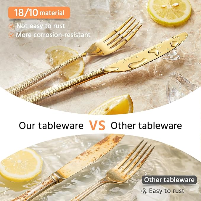 KINGSTONE Gold Hammered Silverware Set, Flatware Set with Serving Utensils, 18/10 Stainless Steel Premium Cutlery with Unique Ripple Handles Design Mirror Polished - Dishwasher Safe (45-Piece)