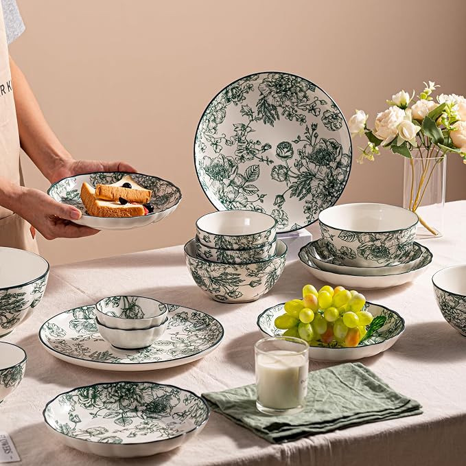 Ceramic Dinnerware Set, Floral Plates and Bowls Sets, Microwave & Dishwasher