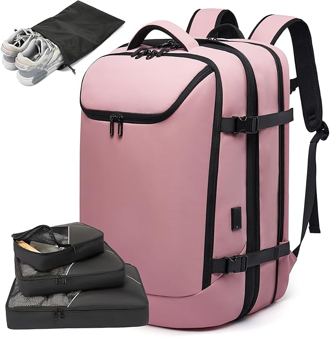 Travel Backpack for Women, 50L Carry On Backpack, Expandable Flight Approved Water Resistant Luggage with 3 Packing Cubes & USB Port, Laptop Backpack Fits 17.3 Inch Notebook