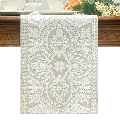 KEVA Boho Table Runner 54inches Long, Farmhouse Rustic Vintage White Embroidered Table Runners 13x54 Inch for Dining Table Decorations