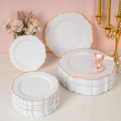 100 Pcs White & Gold Dessert Plastic Plates 7.5" Cake Disposable Plates | White