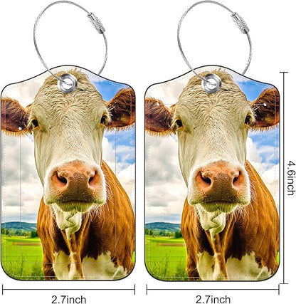 2 Pack Luggage Tag for Suitcase Funny Cow Leather Suitcase Tags with Identifiers Privacy Cover Name Address Labels and Stainless Steel Loop for Teens Adults, 4.6 x 2.7 inch