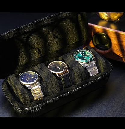 3 Slot Hard Watch Travel Case, Watch Roll Case Storage and Organizer for Men and Women, with anti-move watch pillow (Black fabric 3Slots)