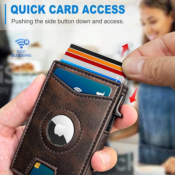Airtag Wallet for Men,with Money Clip Gift Boxed,Slim Front Pocket Wallet RFID Blocking Metal Case Smart Pop-up Credit Card Holder in Magnetic Leather Flip