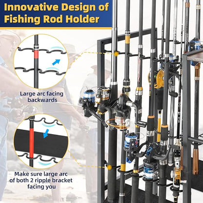 Olakee Fishing Rod Holder, Fishing Pole Holders for Garage Boat Home Entryway Fishing Gear Storage with Tackle Cart Ideal Gift for Men Dad Anglers Corner Design for Rods and Equipment Organizers